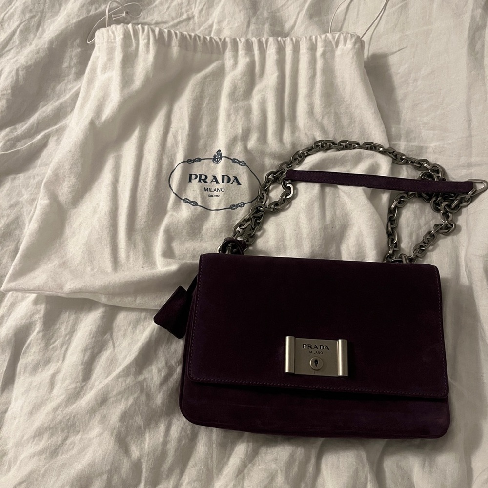 purple suede prada clutch